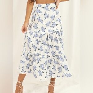 Showpo White Blue Tiered Floral Cotton Midi Skirt 2 European Summer Vacation XS